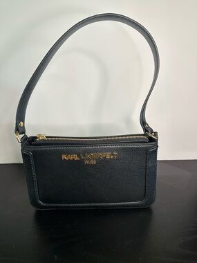 Karl Lagerfeld PARIS Black Leather Shoulder Bag with Gold Hardware